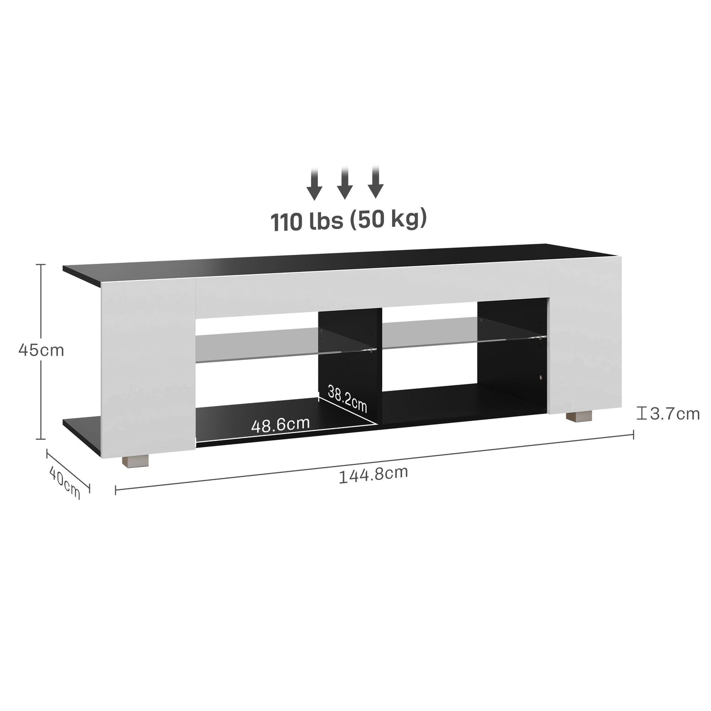 HOMCOM TV Stand Cabinet, 145cm Modern TV Unit with Glass Shelves, RGB LED Light for Living Room, Entertainment Unit for 32 40 43 50 52 55 60 inch 4k TV, White