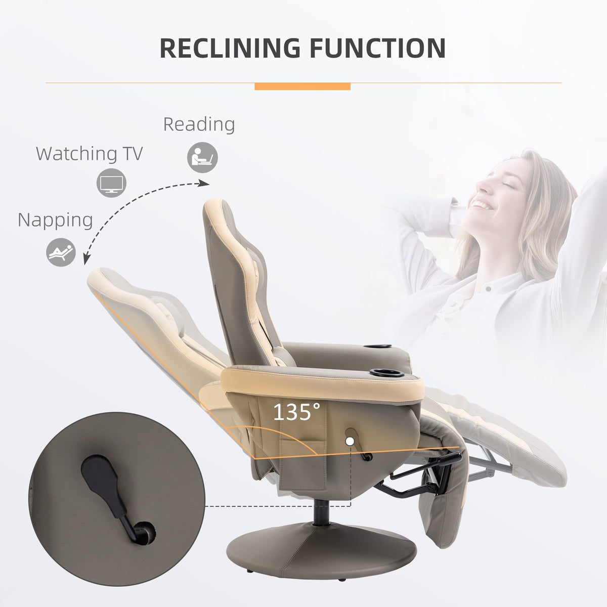 HOMCOM Manual Reclining Gaming Chair, 360° Swivel Racing Video Gaming Recliner with Footrest, Headrest and Cup Holder, PU Leather Armchair with Storage Pocket, Grey