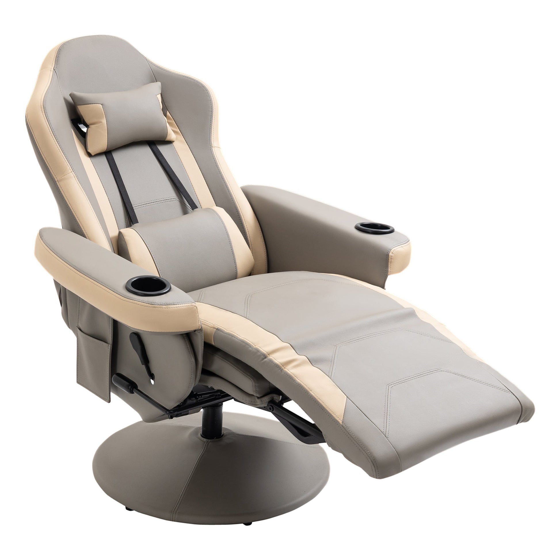 HOMCOM Manual Reclining Gaming Chair, 360° Swivel Racing Video Gaming Recliner with Footrest, Headrest and Cup Holder, PU Leather Armchair with Storage Pocket, Grey