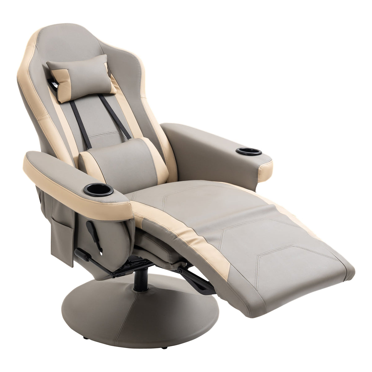 HOMCOM Manual Reclining Gaming Chair, 360° Swivel Racing Video Gaming Recliner with Footrest, Headrest and Cup Holder, PU Leather Armchair with Storage Pocket, Grey
