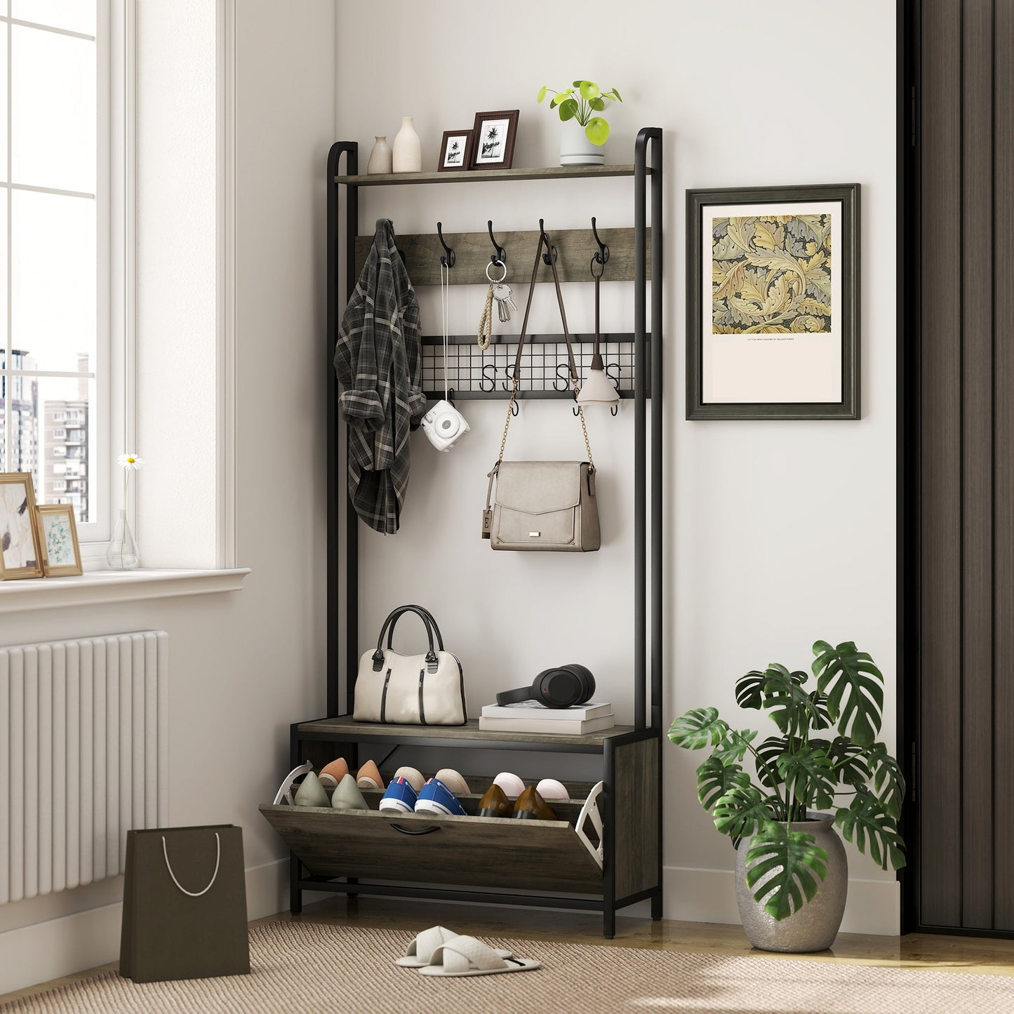 Coat Rack with Shoe Storage Bench and Grid Panel, Hall Tree, 5-In-1 Industrial Coat Rack Stand with Shoe Cabinet and 10 Hooks for Hallway, Entryway, Living Room, Grey