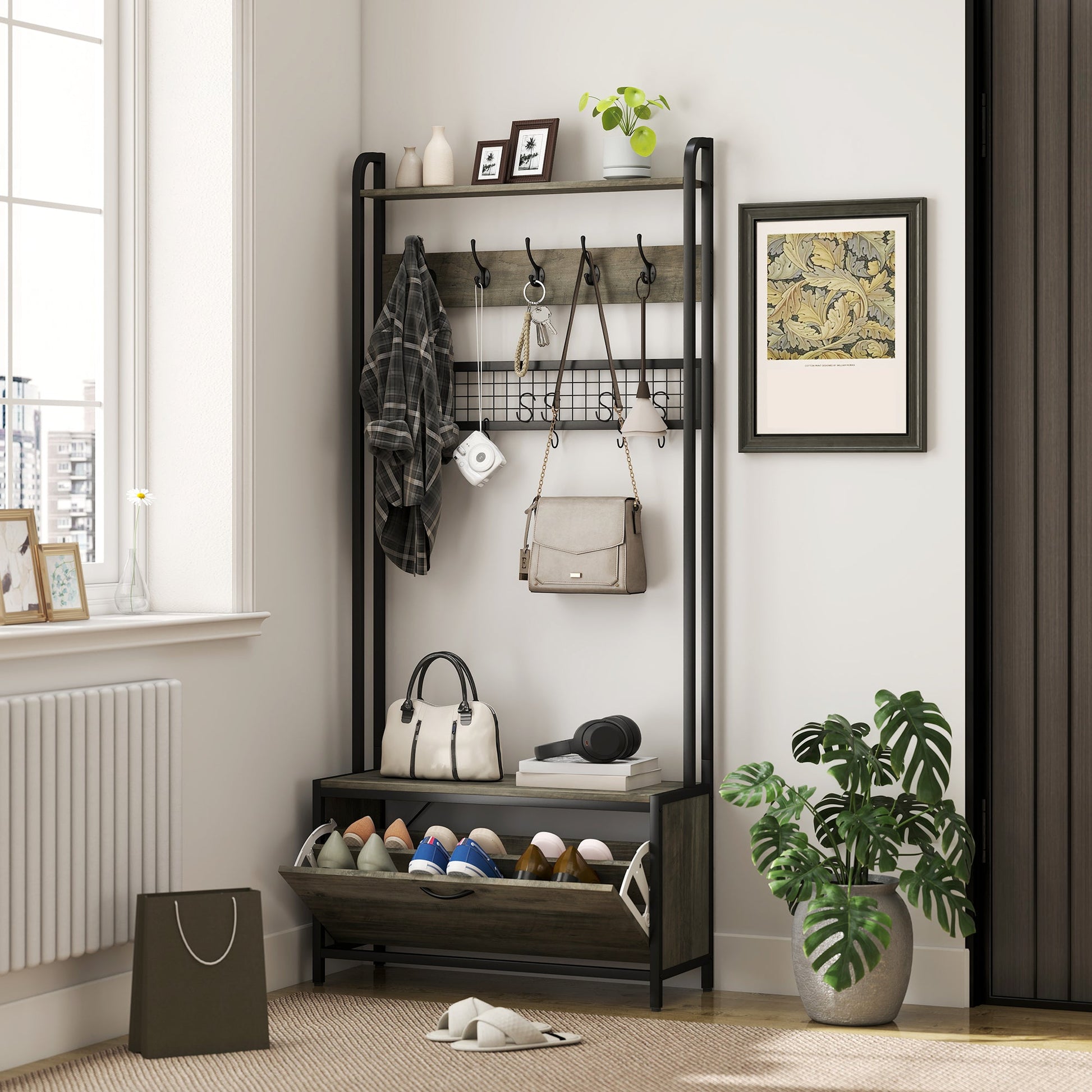 Coat Rack with Shoe Storage Bench and Grid Panel, Hall Tree, 5-In-1 Industrial Coat Rack Stand with Shoe Cabinet and 10 Hooks for Hallway, Entryway, Living Room, Grey