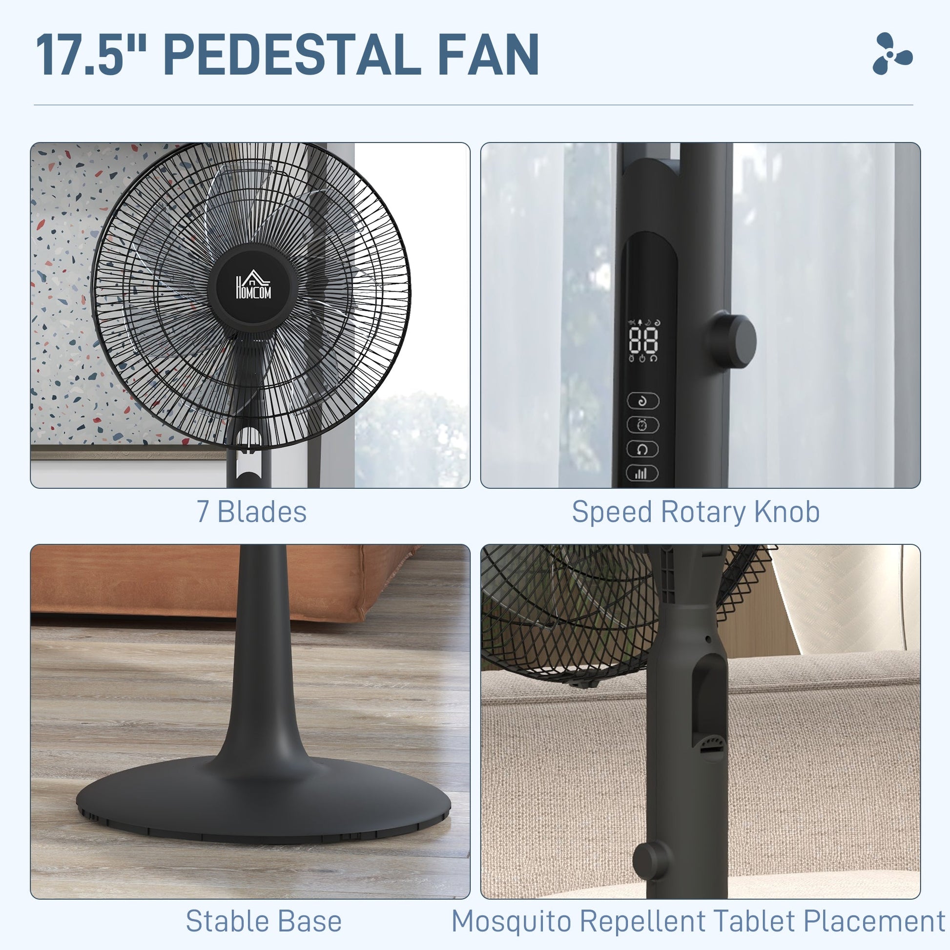 HOMCOM Quiet Pedestal Fan, 17.5 Inch Standing Fan with 28 Speeds, 3 Modes, 75° Oscillation, 12-Hour Timer, Adjustable Height, Mosquito Repellent Function for Bedroom, Home Office, Black