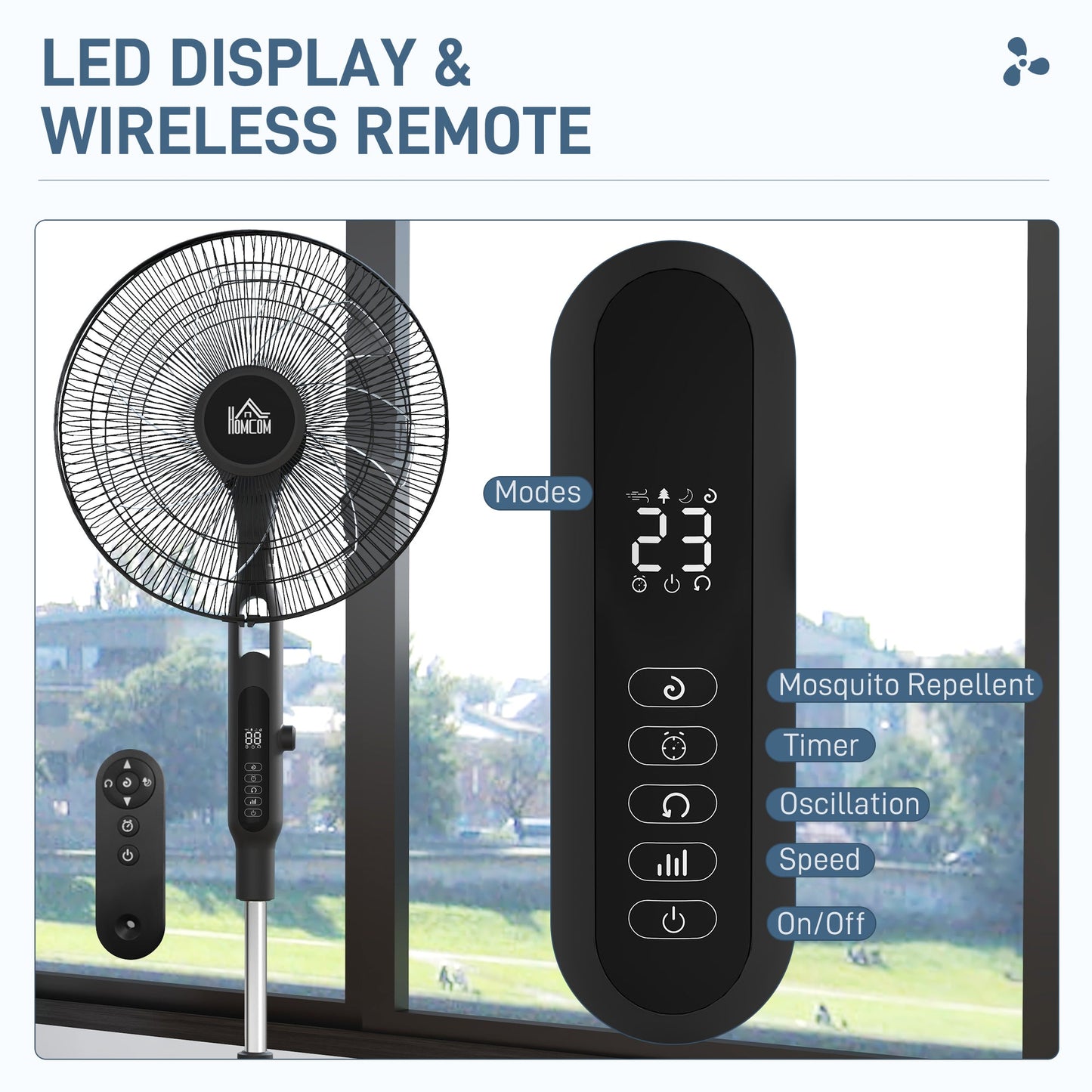 HOMCOM Quiet Pedestal Fan, 17.5 Inch Standing Fan with 28 Speeds, 3 Modes, 75° Oscillation, 12-Hour Timer, Adjustable Height, Mosquito Repellent Function for Bedroom, Home Office, Black