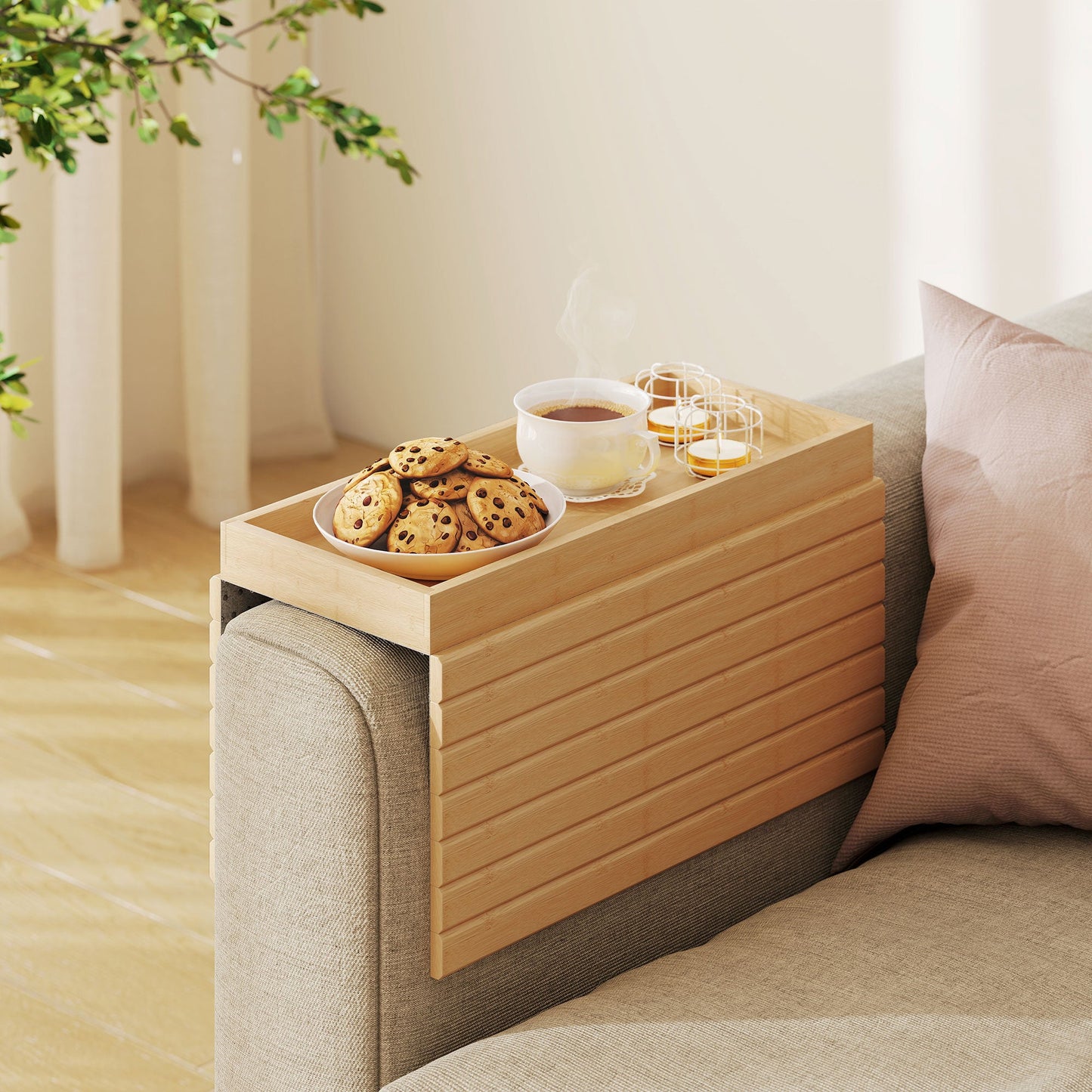 Bamboo Sofa Arm Tray, Foldable Anti-Slip Armrest Tray, Flexible Roll-up Couch Armrest Table for Drinks and Snacks, Natural Wood Finish