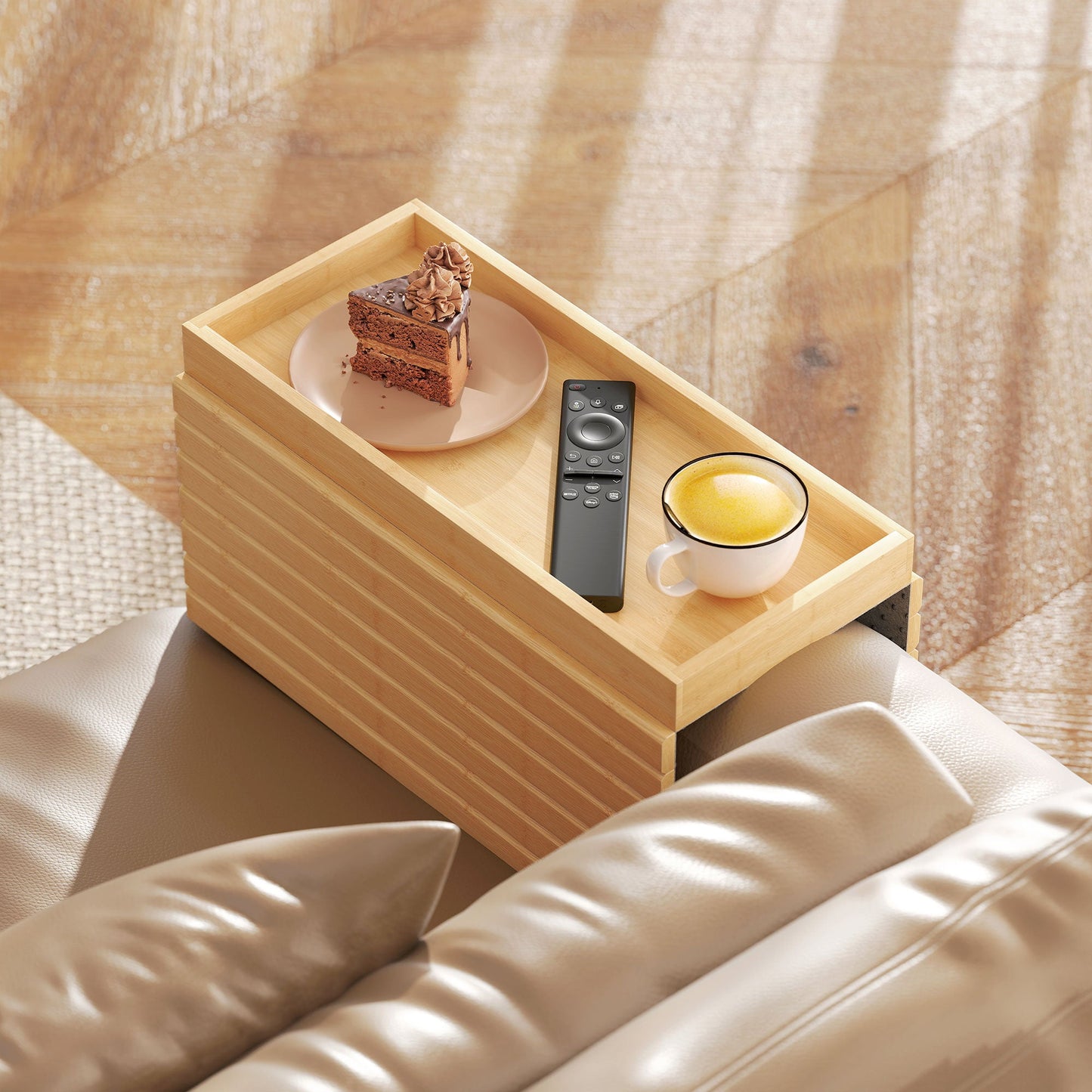 Bamboo Sofa Arm Tray, Foldable Anti-Slip Armrest Tray, Flexible Roll-up Couch Armrest Table for Drinks and Snacks, Natural Wood Finish