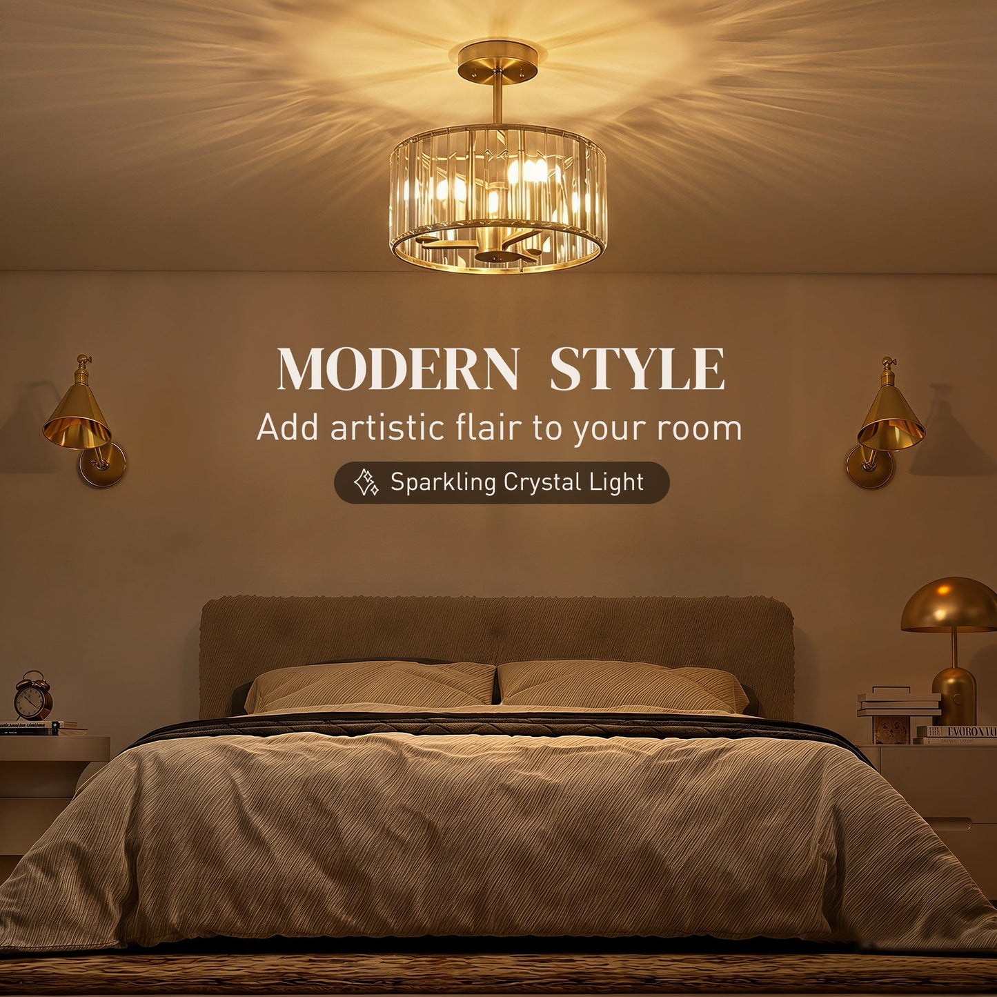 Crystal Ceiling Light Fixture, Semi Flush Mount Modern Crystal Chandelier Ceiling Light for Living Room, Bedroom, Hallway, Dining Room, E14 Base 3-Lights, Bulbs Not Included, Gold Tone