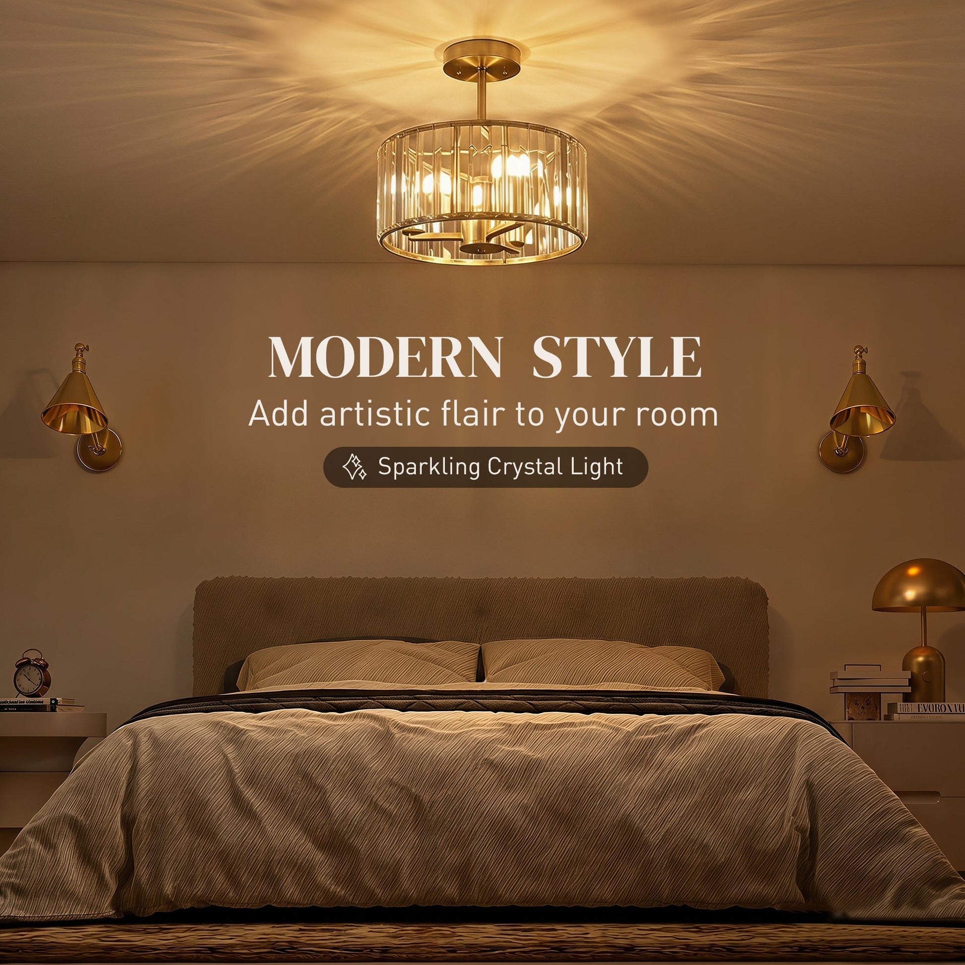 Crystal Ceiling Light Fixture, Semi Flush Mount Modern Crystal Chandelier Ceiling Light for Living Room, Bedroom, Hallway, Dining Room, E14 Base 3-Lights, Bulbs Not Included, Gold Tone