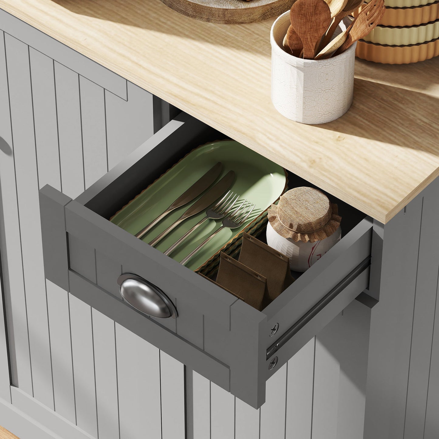 180cm Kitchen Cupboard with 6 Doors, Modern Kitchen Storage Cabinet with Microwave Oven Countertop, Drawer, Adjustable Shelves and Cable Hole, Grey