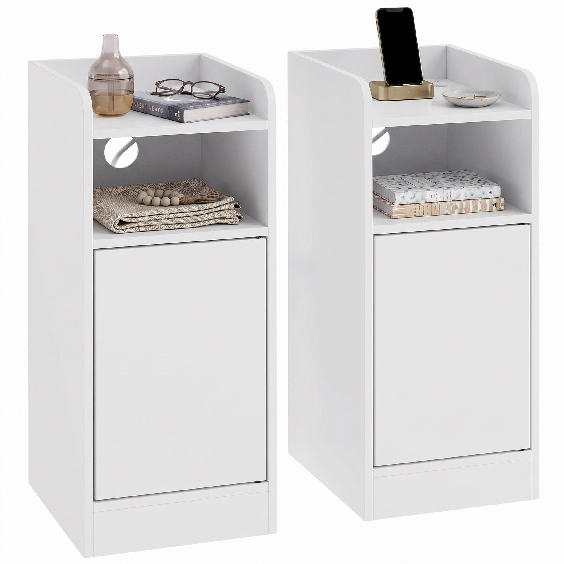 Slim Bedside Table Set of 2 with Charging Station, Narrow Bedside Cabinet with Open Compartment, Adjustable Shelf and Cupboard, Side End Table for Bedroom Living Room Compact Nooks, White