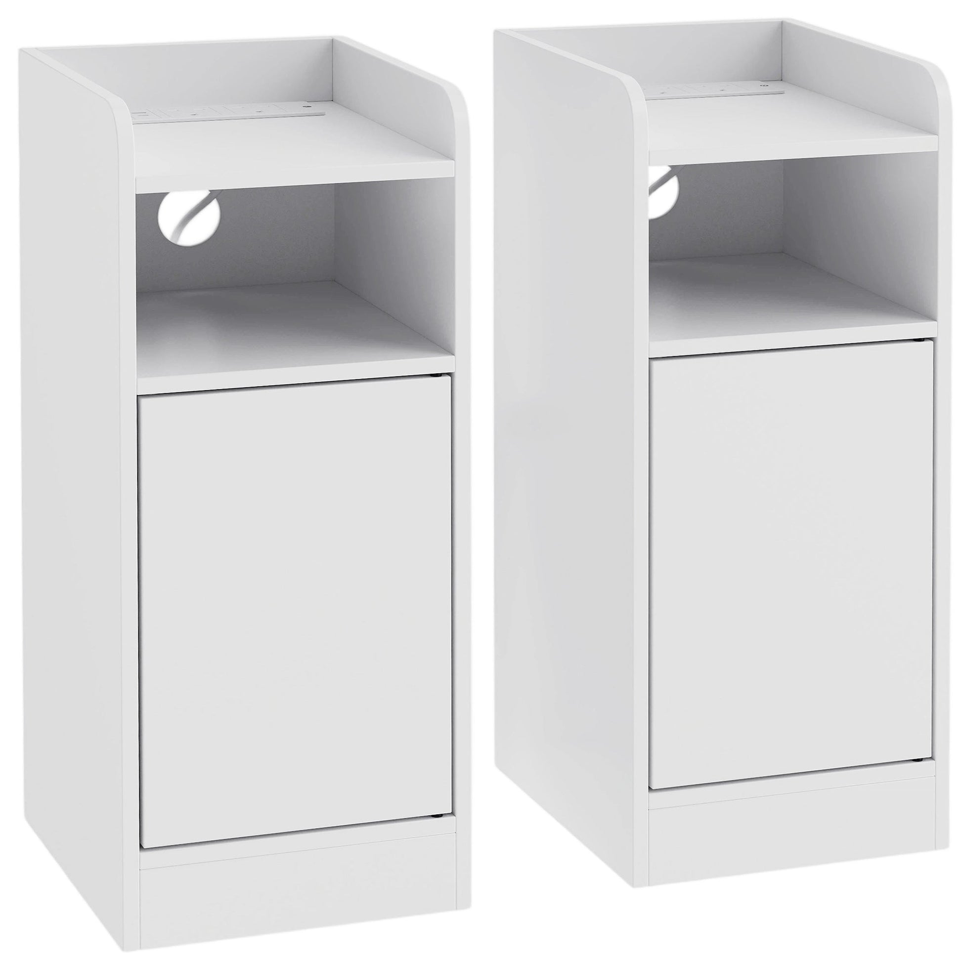Slim Bedside Table Set of 2 with Charging Station, Narrow Bedside Cabinet with Open Compartment, Adjustable Shelf and Cupboard, Side End Table for Bedroom Living Room Compact Nooks, White