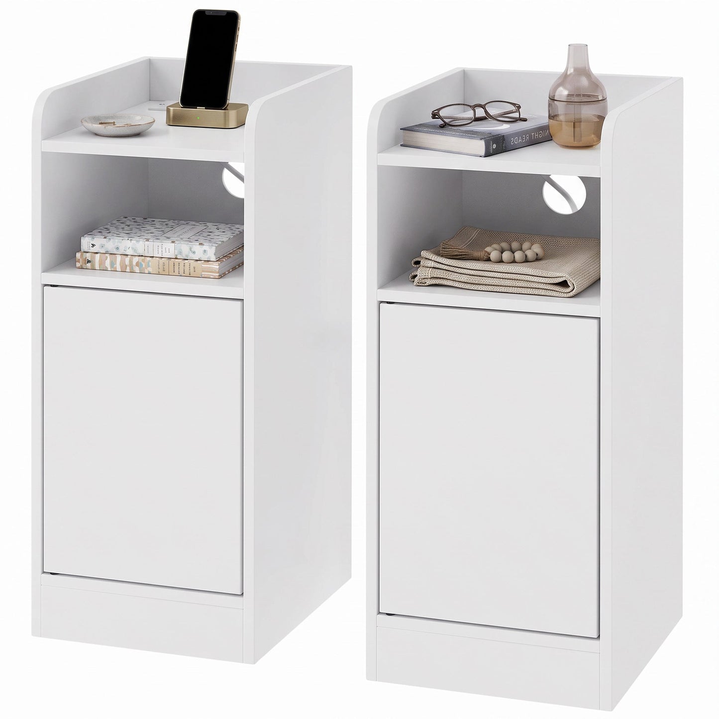 Slim Bedside Table Set of 2 with Charging Station, Narrow Bedside Cabinet with Open Compartment, Adjustable Shelf and Cupboard, Side End Table for Bedroom Living Room Compact Nooks, White
