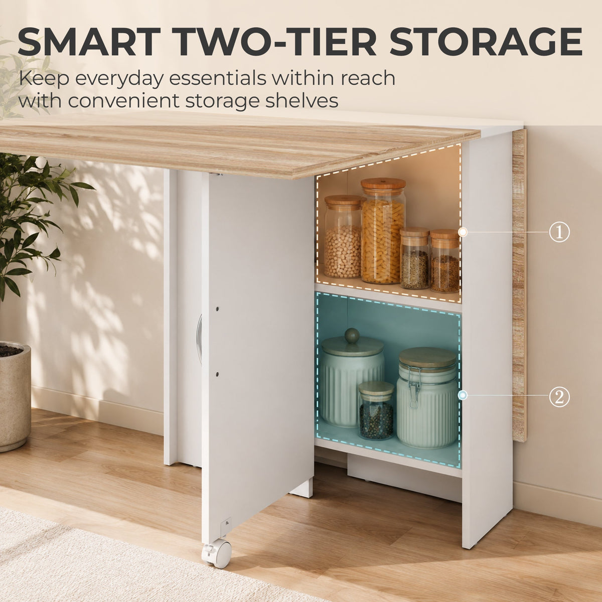 Folding Dining Table, Drop Leaf Table with 2-Tier Shelves, Rolling Casters, for Small Spaces, Kitchen, White and Natural