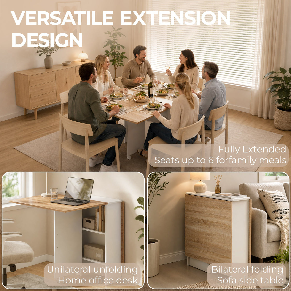 Folding Dining Table, Drop Leaf Table with 2-Tier Shelves, Rolling Casters, for Small Spaces, Kitchen, White and Natural