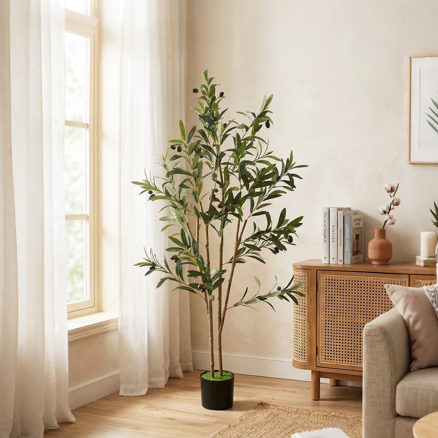 120 cm Decorative Artificial Plant, Silk Olive Tree with 303 Leaves in Cement Pot, Fake Plant for Home, Office, Living Room, Indoor Decor