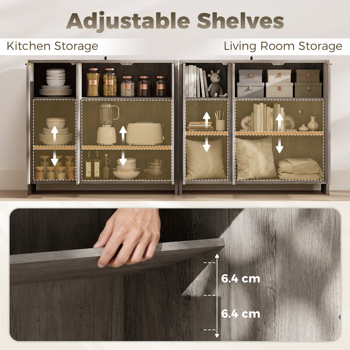 Sideboard Cabinet, Modern Storage Cabinet with 3 Doors and Adjustable Shelves, Freestanding Kitchen Cupboard for Living Room, Dining Room, 100 x 35 x 90 cm, Grey