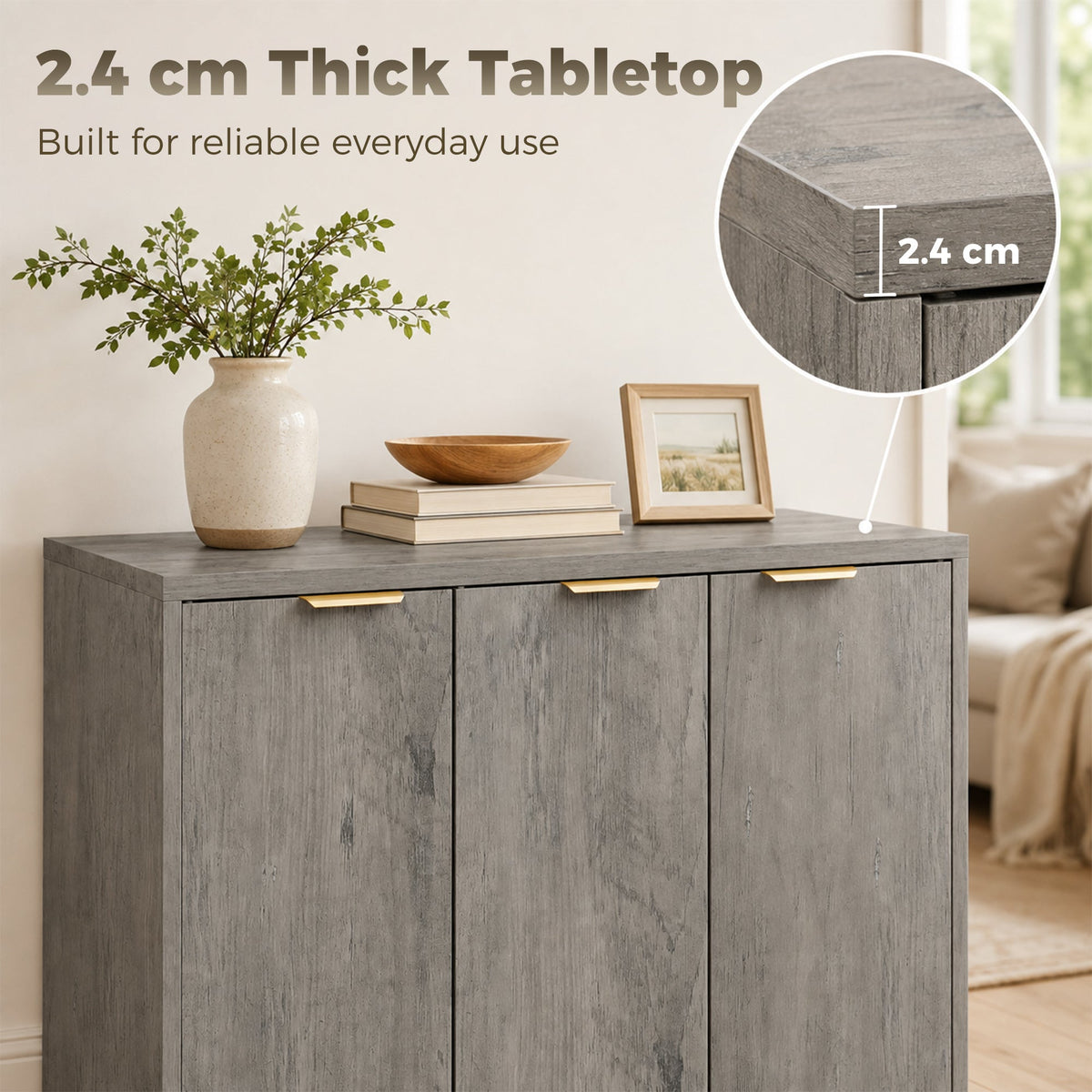 Sideboard Cabinet, Modern Storage Cabinet with 3 Doors and Adjustable Shelves, Freestanding Kitchen Cupboard for Living Room, Dining Room, 100 x 35 x 90 cm, Grey