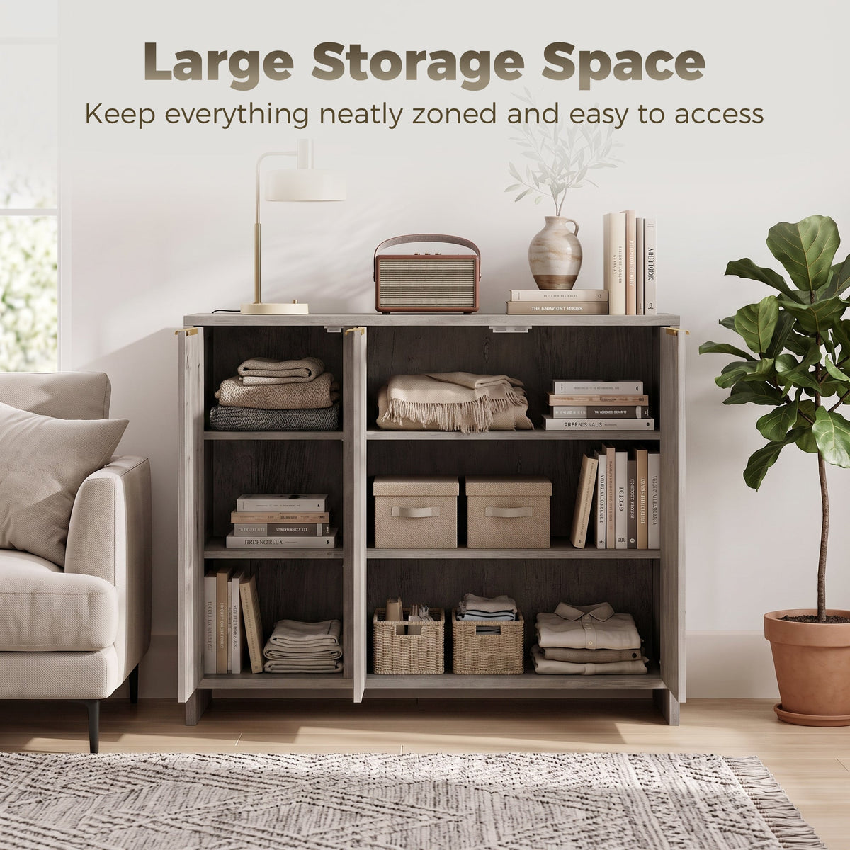 Sideboard Cabinet, Modern Storage Cabinet with 3 Doors and Adjustable Shelves, Freestanding Kitchen Cupboard for Living Room, Dining Room, 100 x 35 x 90 cm, Grey