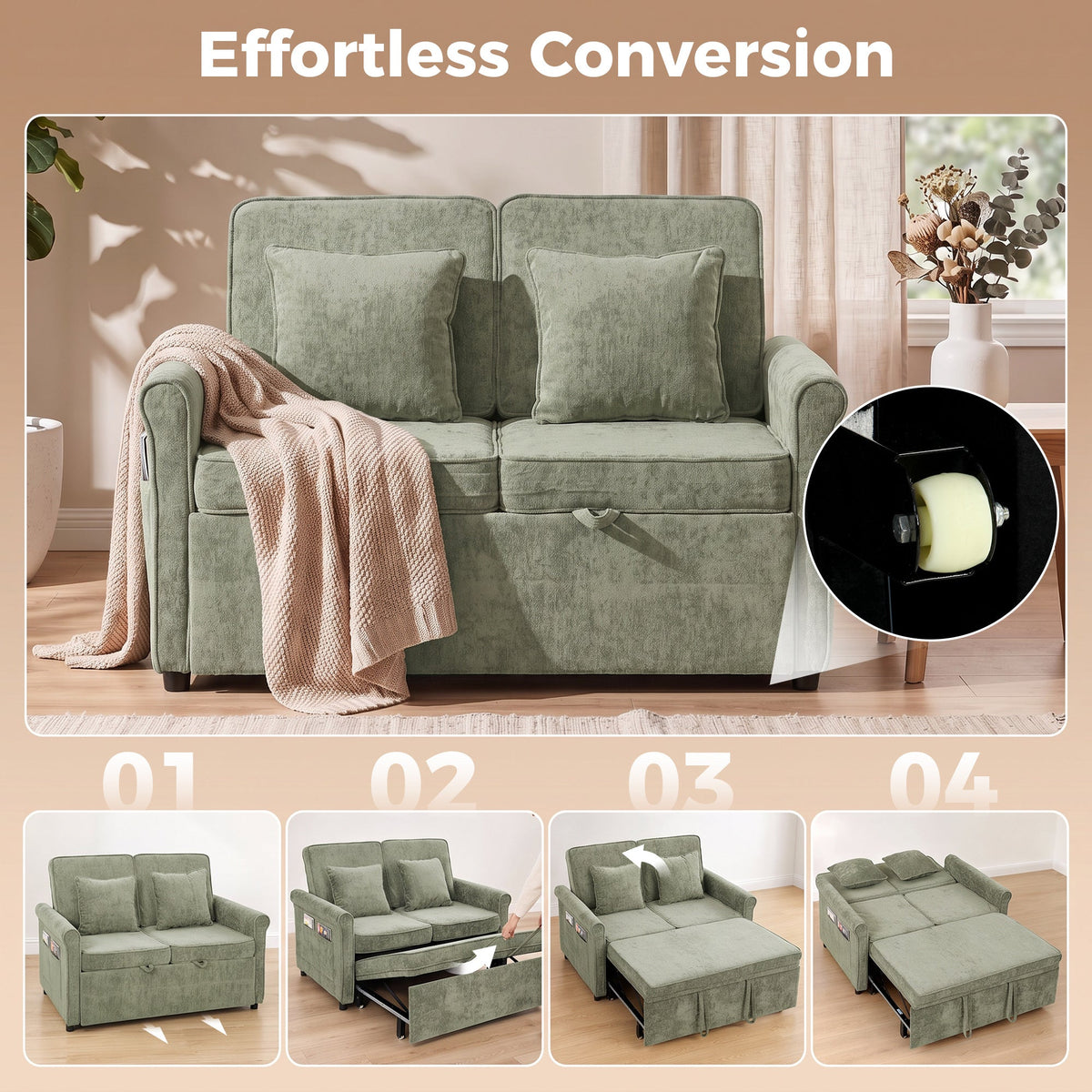 2 Seater Sofa Bed, 3-in-1 Convertible Pull Out Double Sleeper Sofa 190 x 130 cm, 5-Position Adjustable Backrest, Chenille Loveseat Bed Settee for Living Room, Bedroom, Guest Room, Light Green