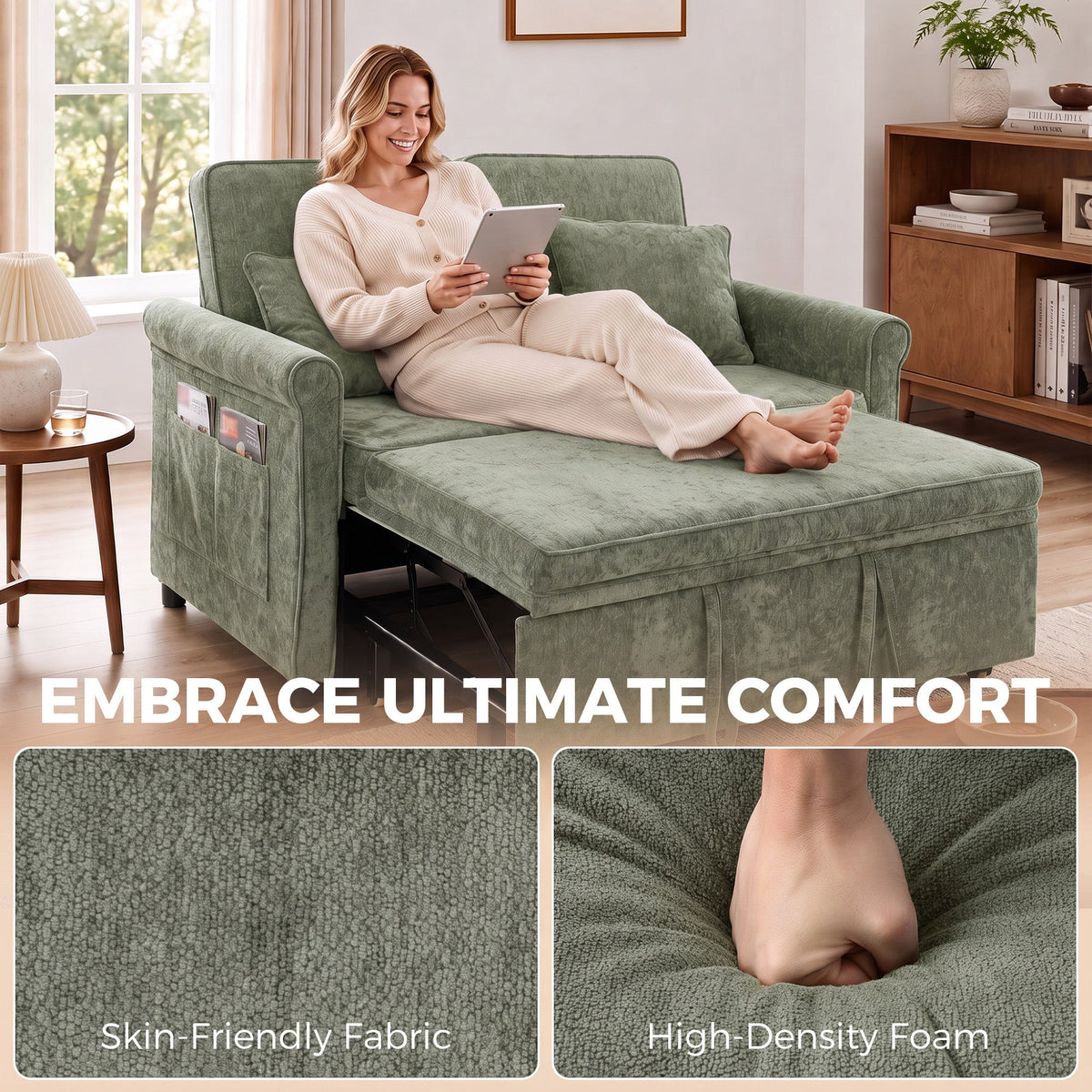 2 Seater Sofa Bed, 3-in-1 Convertible Pull Out Double Sleeper Sofa 190 x 130 cm, 5-Position Adjustable Backrest, Chenille Loveseat Bed Settee for Living Room, Bedroom, Guest Room, Light Green
