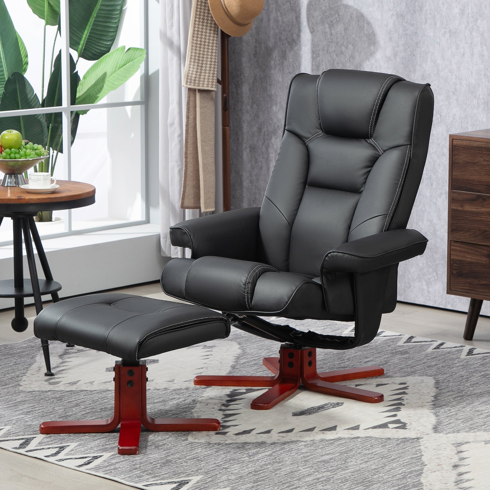 HOMCOM Recliner Chair with Footstool, PU Leather Upholstered Armchair with Adjustable Backrest, Leisure Lounge Chair for Living Room, Bedroom, Black
