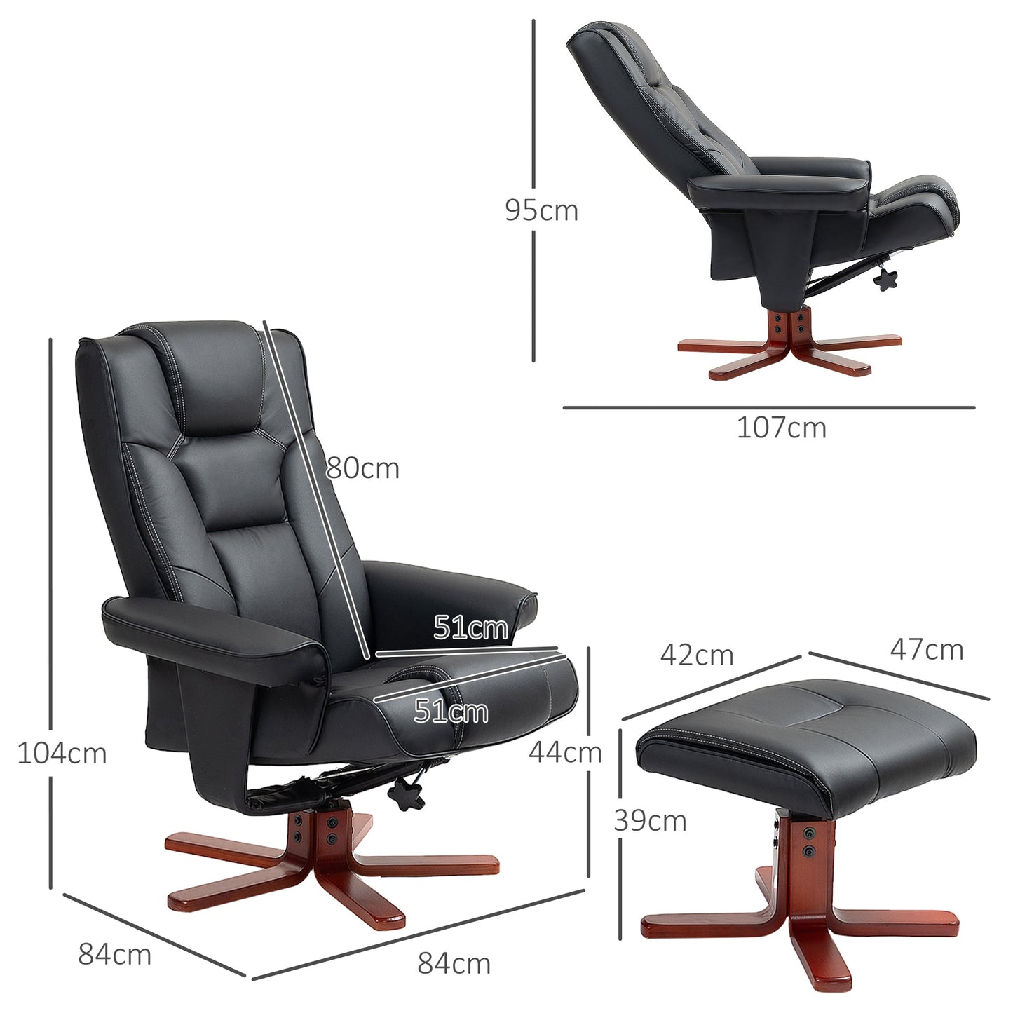 HOMCOM Recliner Chair with Footstool, PU Leather Upholstered Armchair with Adjustable Backrest, Leisure Lounge Chair for Living Room, Bedroom, Black