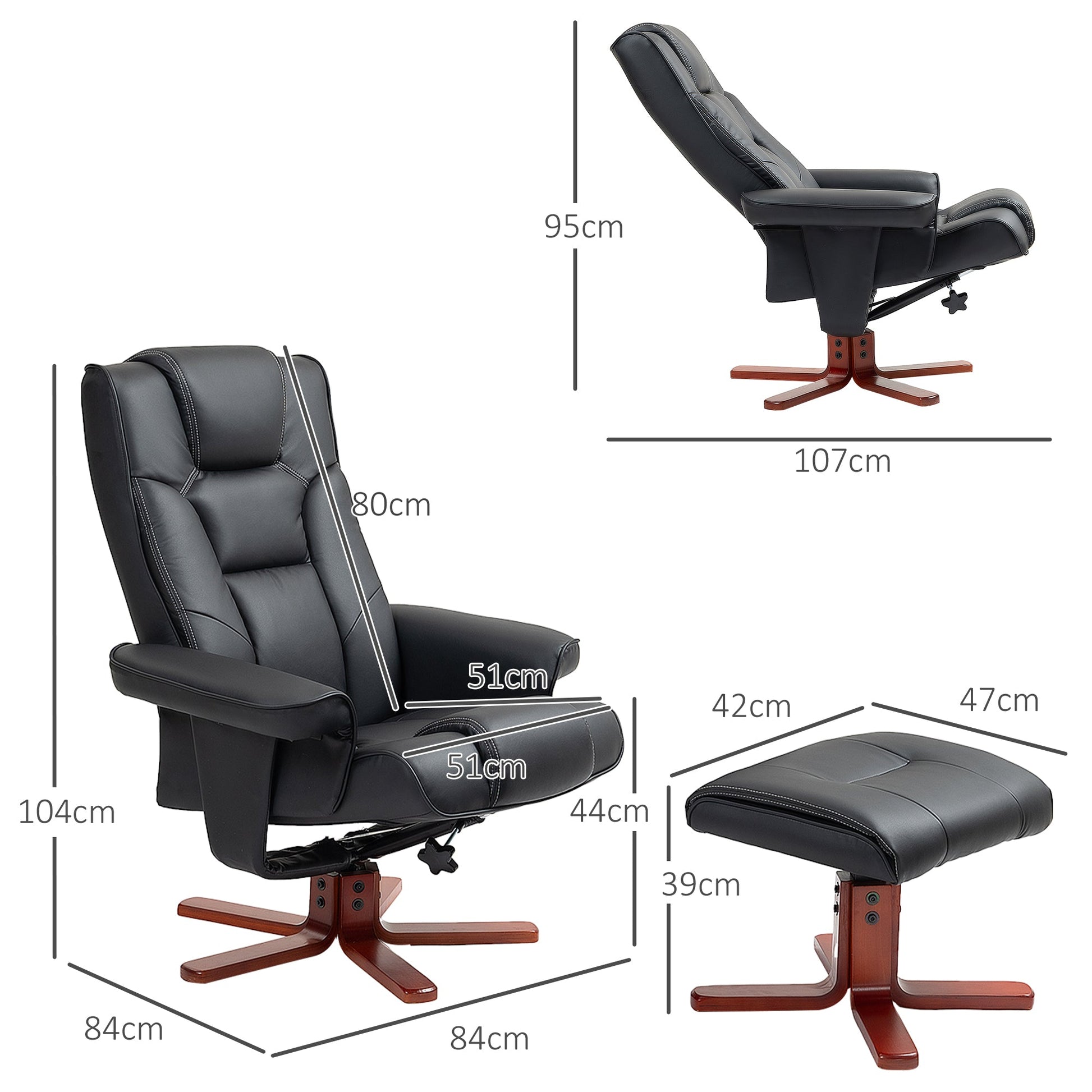 HOMCOM Recliner Chair with Footstool, PU Leather Upholstered Armchair with Adjustable Backrest, Leisure Lounge Chair for Living Room, Bedroom, Black