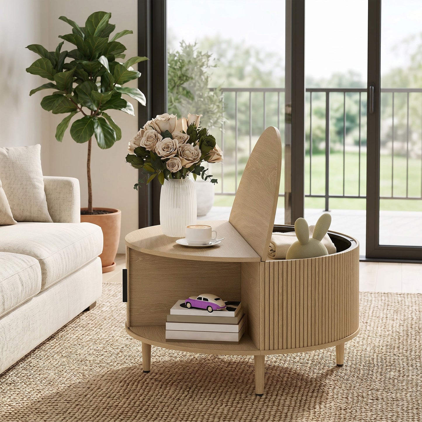 Round Coffee Table with Storage, 80 cm Modern Centre Table with Fluted Sliding Cabinet Door and Lift Top, Wood Circle Drum Table for Living Room, Natural Wood