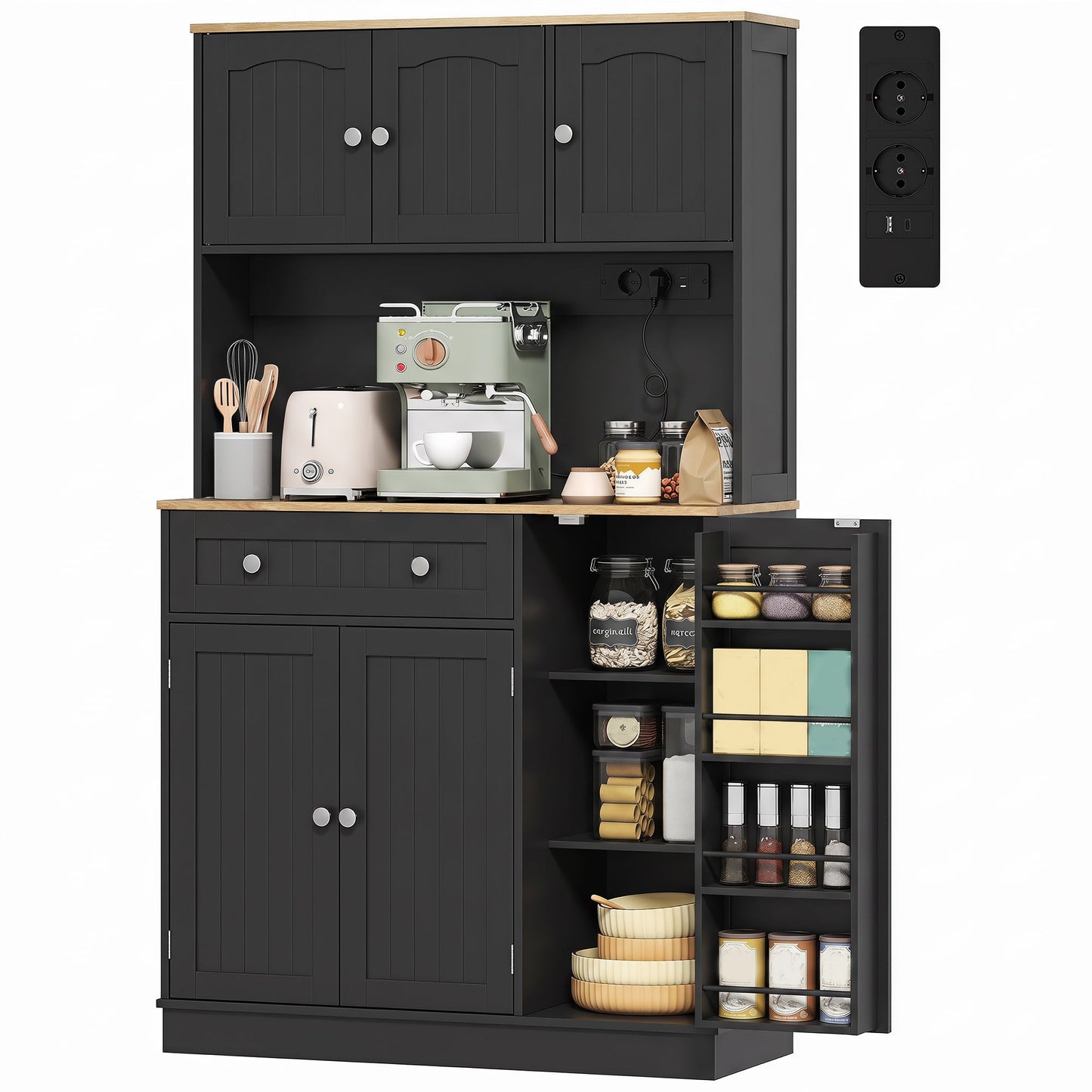173 cm Tall Kitchen Cupboard with Charging Station, Pantry Storage Cabinet with Microwave Stand, Adjustable Shelves, 4 Door Racks, Farmhouse Kitchen Cabinet for Dining Room, Black