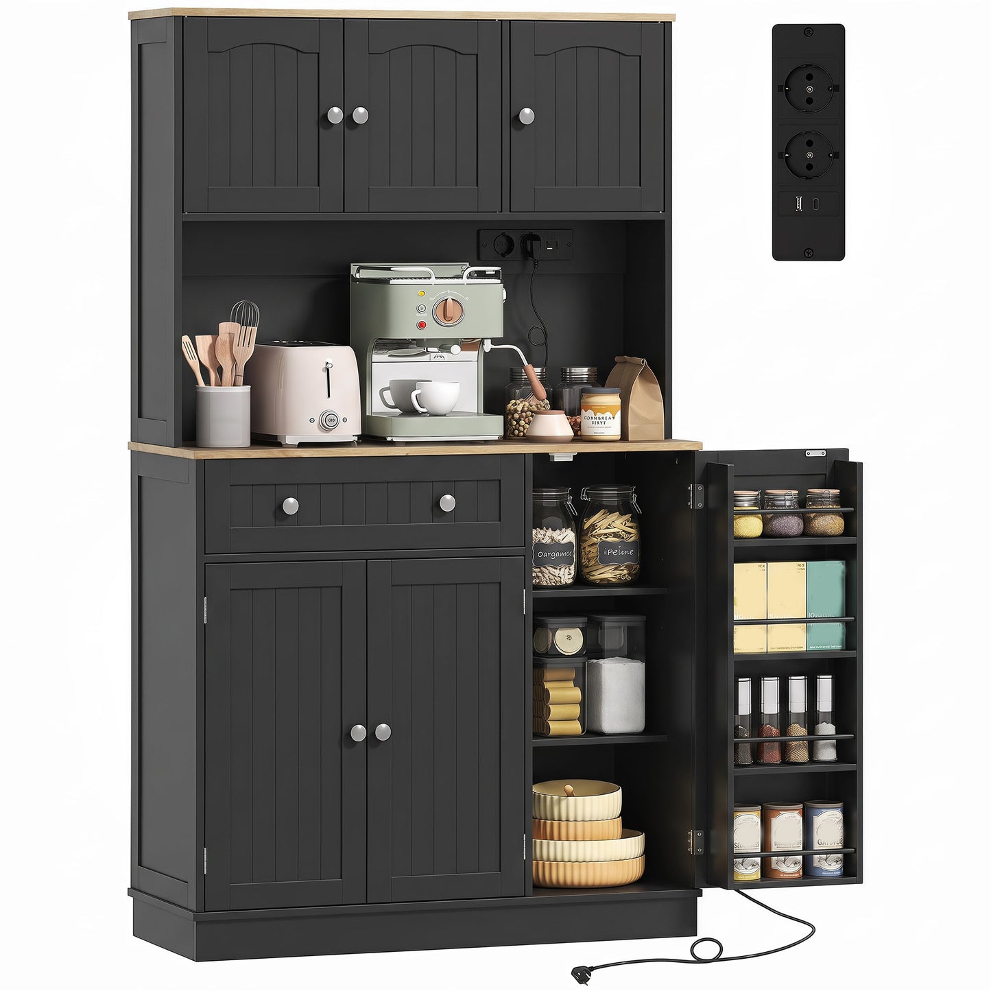 173 cm Tall Kitchen Cupboard with Charging Station, Pantry Storage Cabinet with Microwave Stand, Adjustable Shelves, 4 Door Racks, Farmhouse Kitchen Cabinet for Dining Room, Black