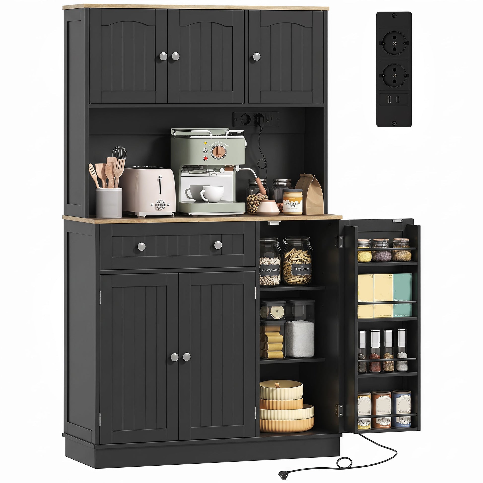 173 cm Tall Kitchen Cupboard with Charging Station, Pantry Storage Cabinet with Microwave Stand, Adjustable Shelves, 4 Door Racks, Farmhouse Kitchen Cabinet for Dining Room, Black