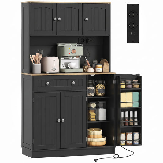 173 cm Tall Kitchen Cupboard with Charging Station, Pantry Storage Cabinet with Microwave Stand, Adjustable Shelves, 4 Door Racks, Farmhouse Kitchen Cabinet for Dining Room, Black