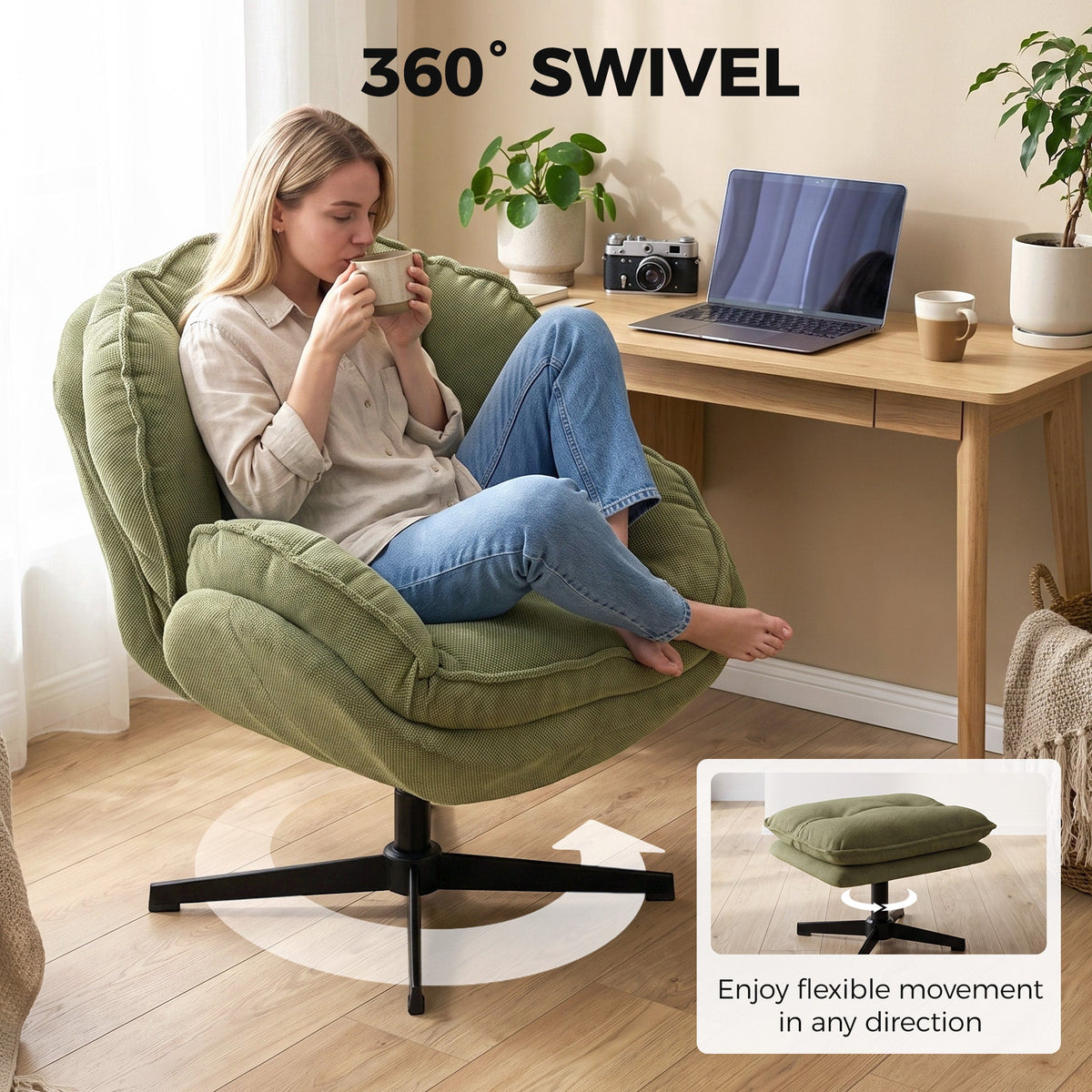 Armchair with Adjustable Footstool, 360° Swivel Chenille Cloud Accent Chair with Thick Cushion, Steel Base for Living Room, Bedroom, Green