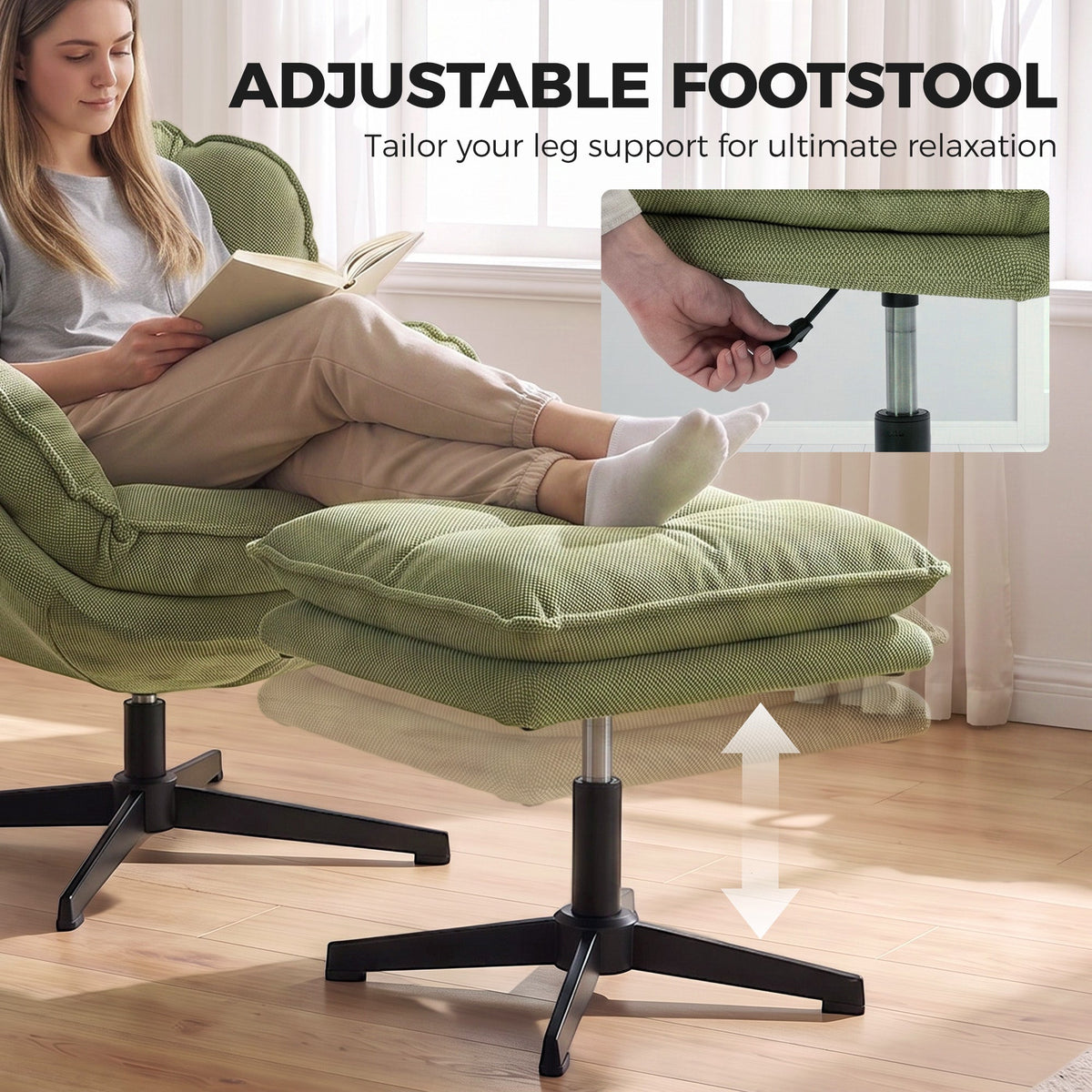 Armchair with Adjustable Footstool, 360° Swivel Chenille Cloud Accent Chair with Thick Cushion, Steel Base for Living Room, Bedroom, Green