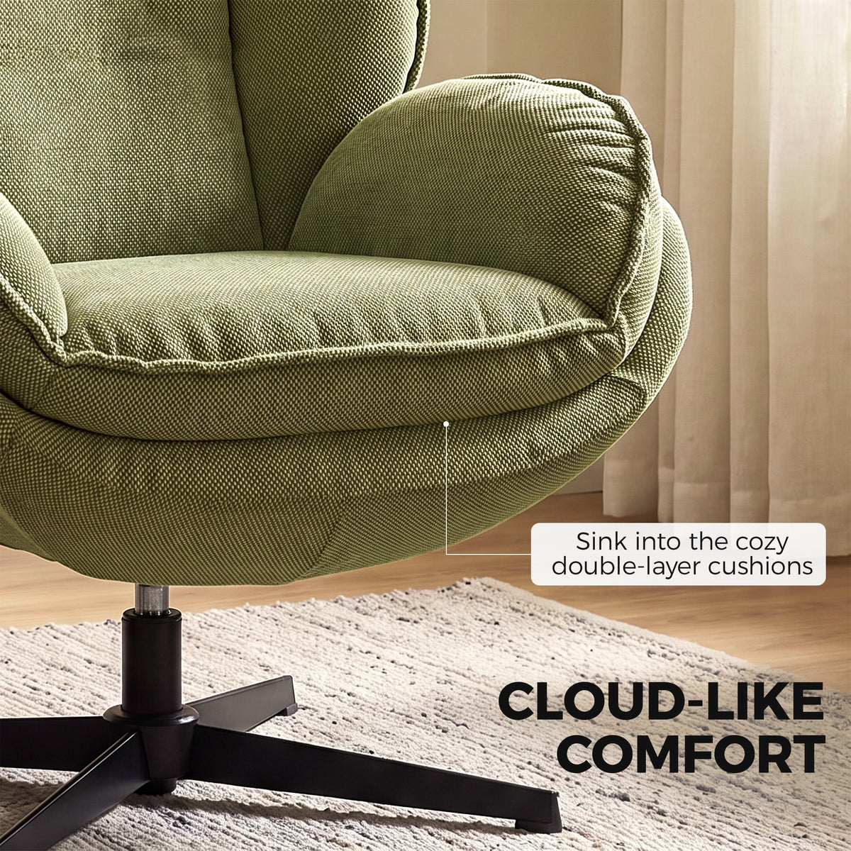 Armchair with Adjustable Footstool, 360° Swivel Chenille Cloud Accent Chair with Thick Cushion, Steel Base for Living Room, Bedroom, Green