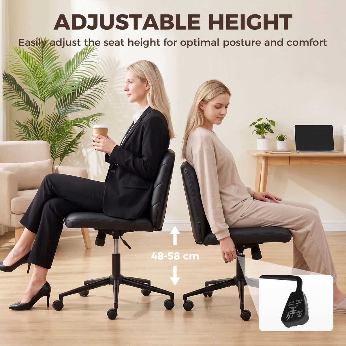 Criss Cross Legged Office Chair with Wide Seat, Swivel Desk Chair with Wheels, Rocking Function, Backrest, Adjustable Height, High-Density Foam, Computer Seat for Home Office, Bedroom, Black