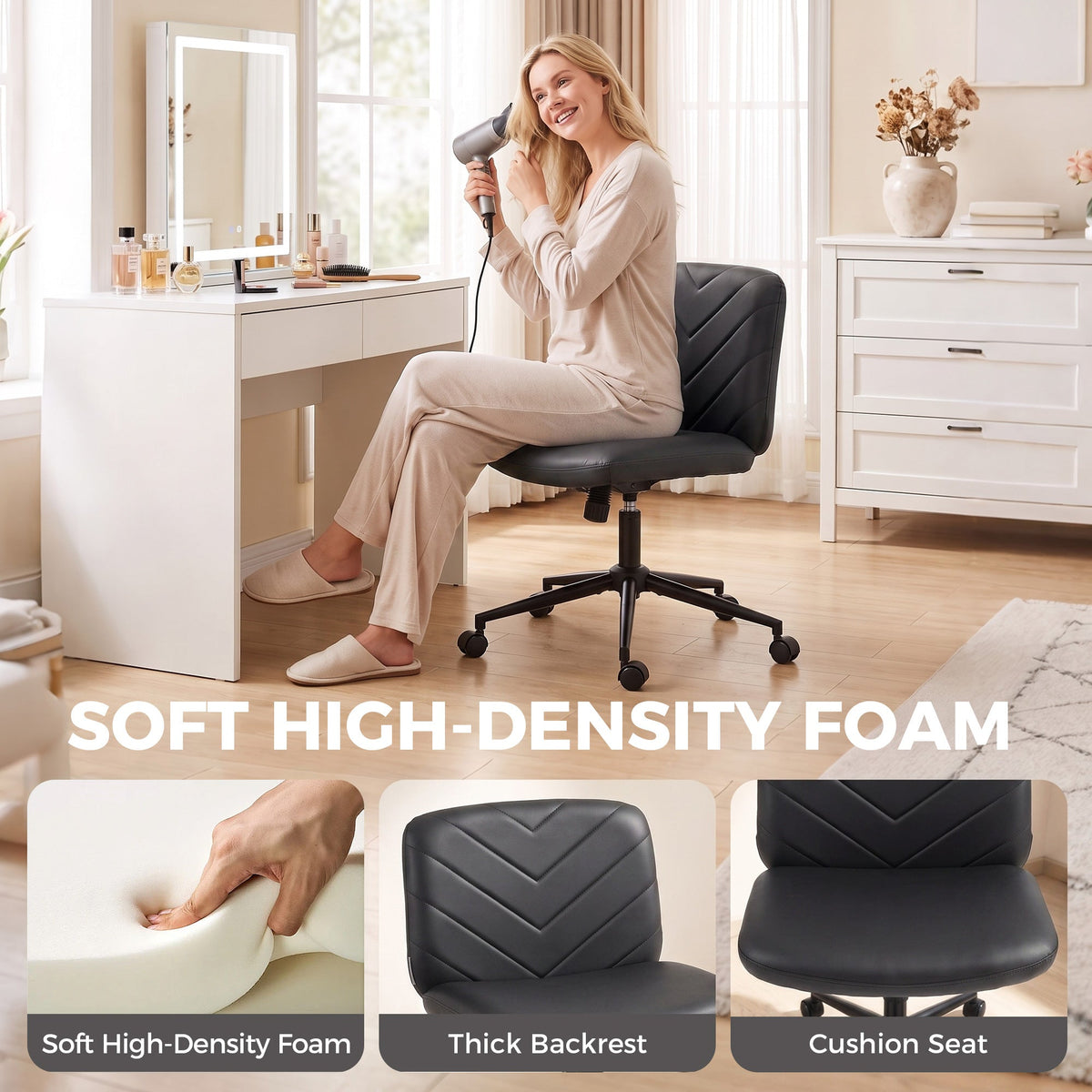 Criss Cross Legged Office Chair with Wide Seat, Swivel Desk Chair with Wheels, Rocking Function, Backrest, Adjustable Height, High-Density Foam, Computer Seat for Home Office, Bedroom, Black