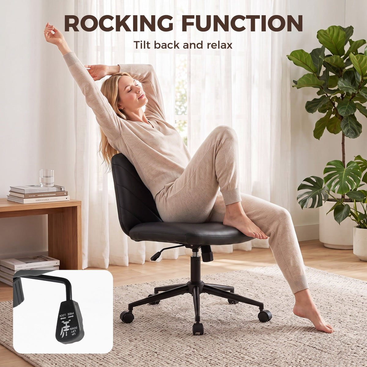 Criss Cross Legged Office Chair with Wide Seat, Swivel Desk Chair with Wheels, Rocking Function, Backrest, Adjustable Height, High-Density Foam, Computer Seat for Home Office, Bedroom, Black