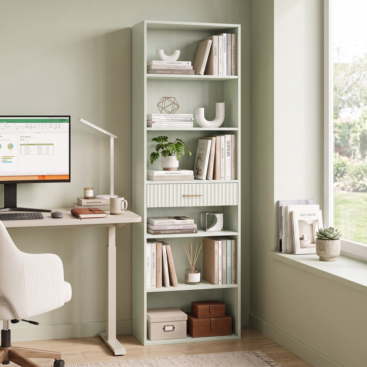 Tall Bookcase with Cubes, 7-Tier Bookshelf with Drawer, Freestanding Shelving Unit, 60 x 24 x 182 cm, Space-Saving for Study, Home Office, Living Room, Light Green