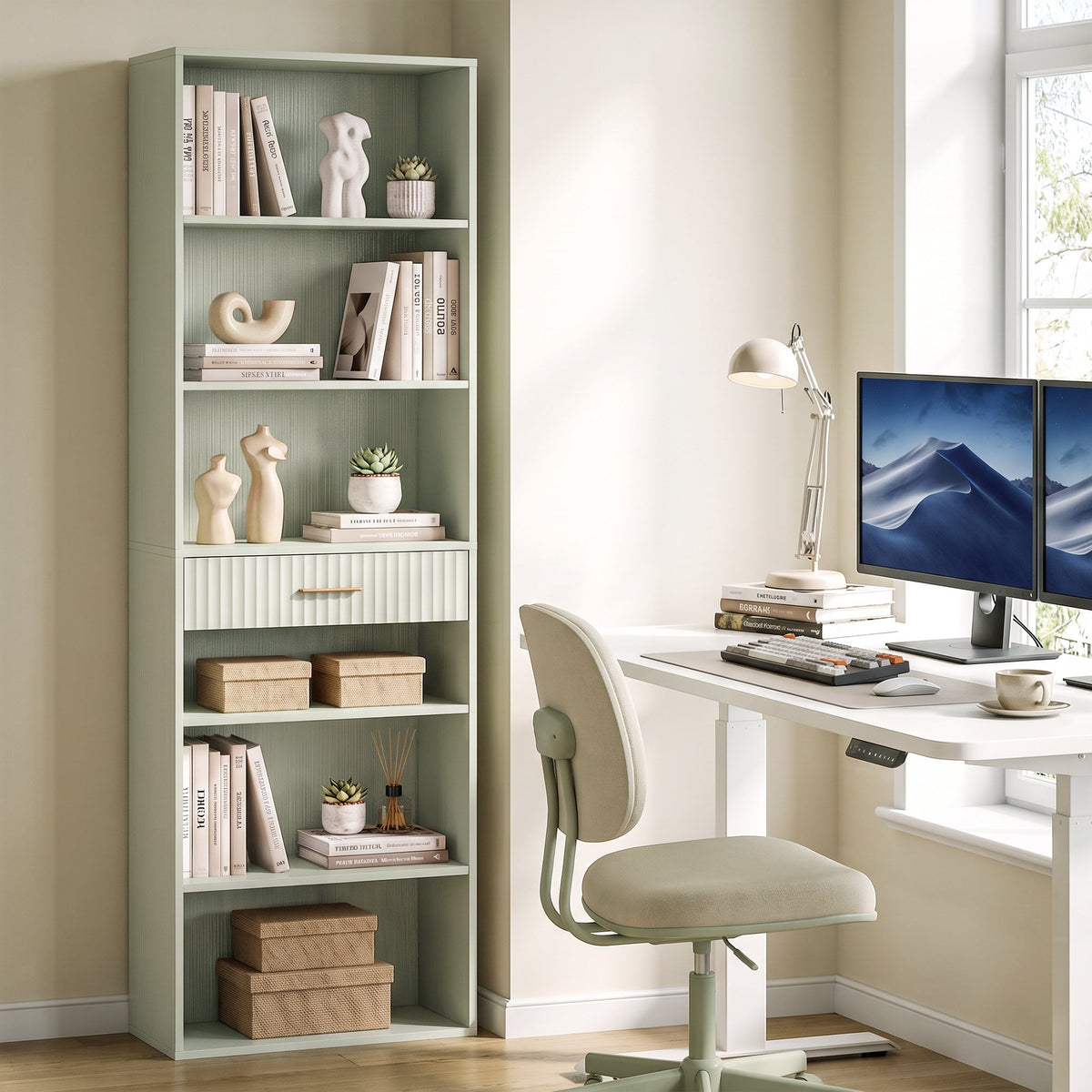 Tall Bookcase with Cubes, 7-Tier Bookshelf with Drawer, Freestanding Shelving Unit, 60 x 24 x 182 cm, Space-Saving for Study, Home Office, Living Room, Light Green