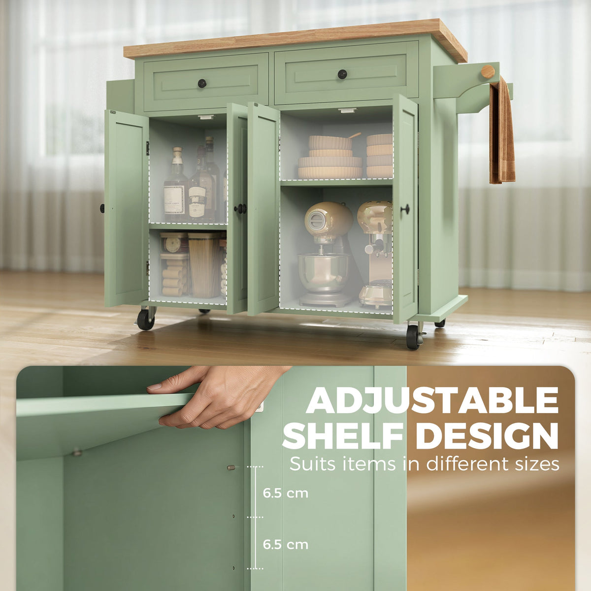Kitchen Island on Wheels, Rolling Kitchen Storage Trolley with Rubber Wood Top, Drawers, Adjustable Shelves, Towel and Spice Rack for Dining Room, Light Green