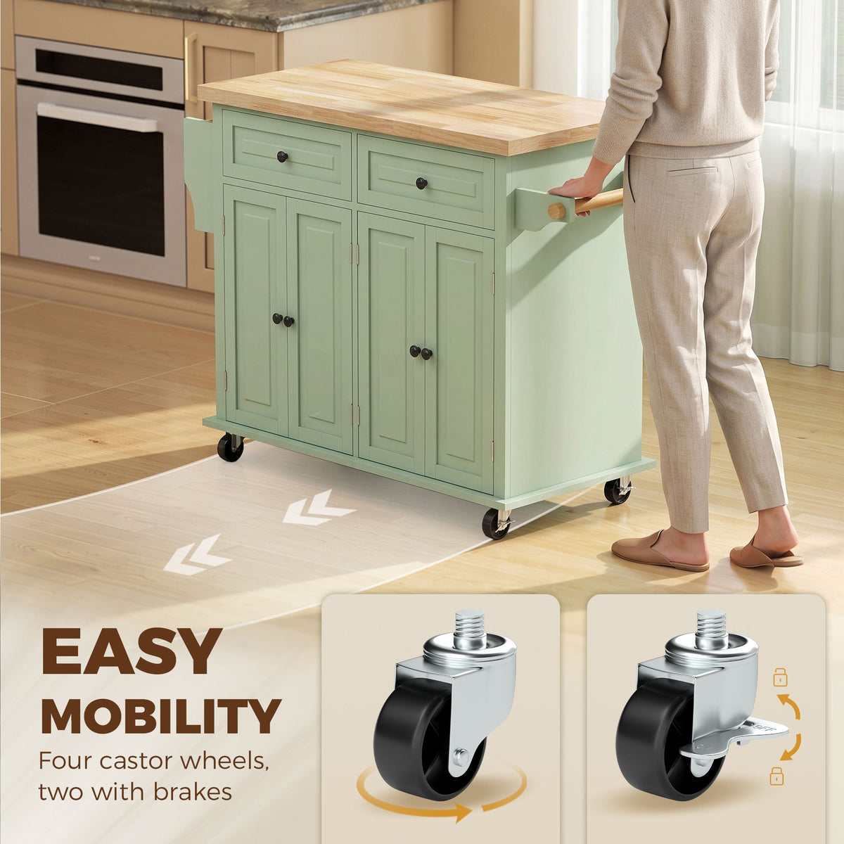Kitchen Island on Wheels, Rolling Kitchen Storage Trolley with Rubber Wood Top, Drawers, Adjustable Shelves, Towel and Spice Rack for Dining Room, Light Green