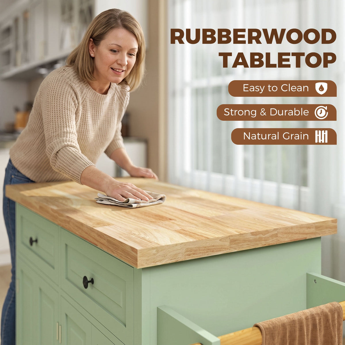Kitchen Island on Wheels, Rolling Kitchen Storage Trolley with Rubber Wood Top, Drawers, Adjustable Shelves, Towel and Spice Rack for Dining Room, Light Green