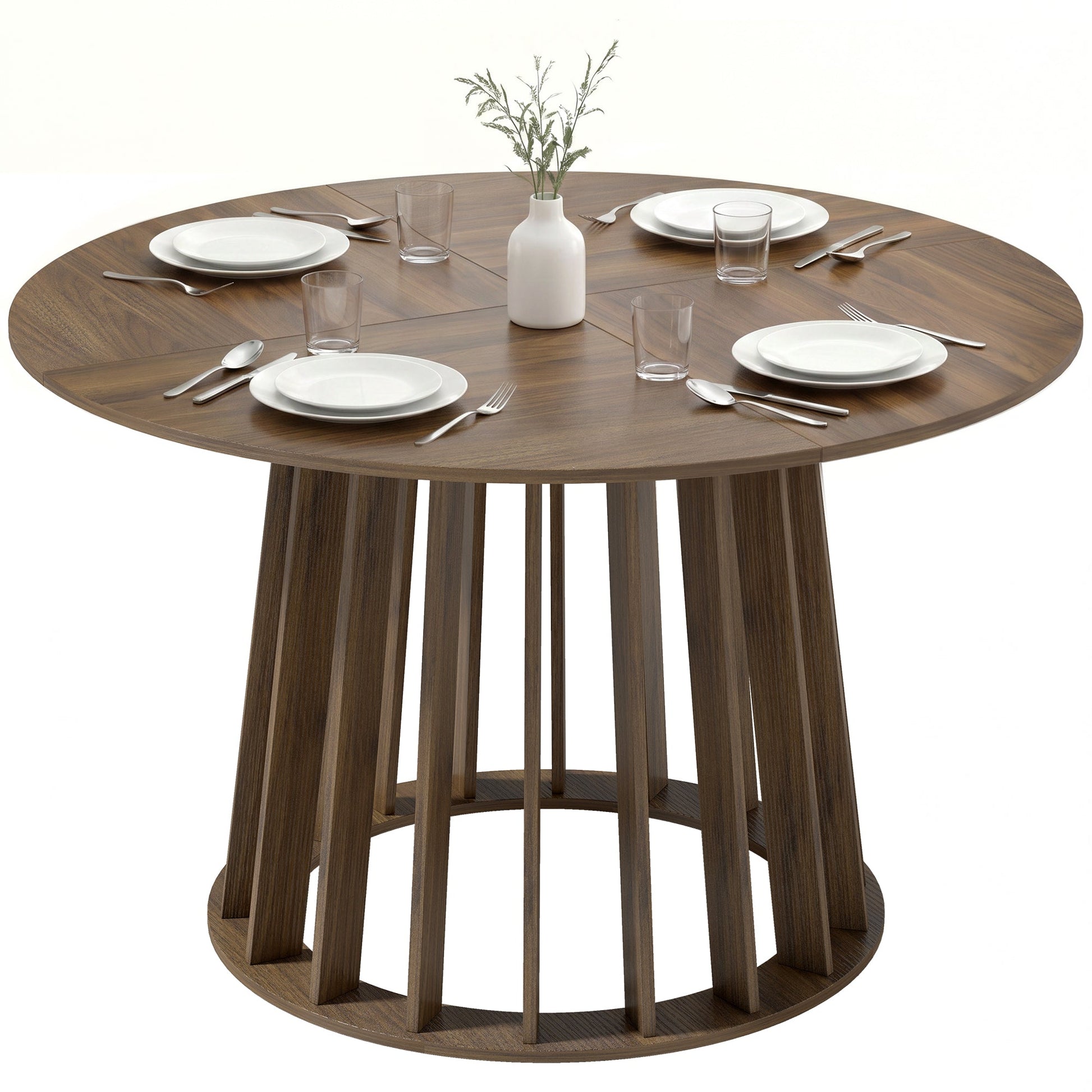 120 cm Round Dining Table for 4-6 People, Modern Kitchen Table with Slatted and Heavy Duty Pedestal Base for Dining Room, Kitchen, Living Room, Light Walnut