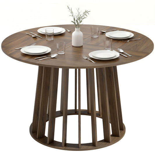 120 cm Round Dining Table for 4-6 People, Modern Kitchen Table with Slatted and Heavy Duty Pedestal Base for Dining Room, Kitchen, Living Room, Light Walnut