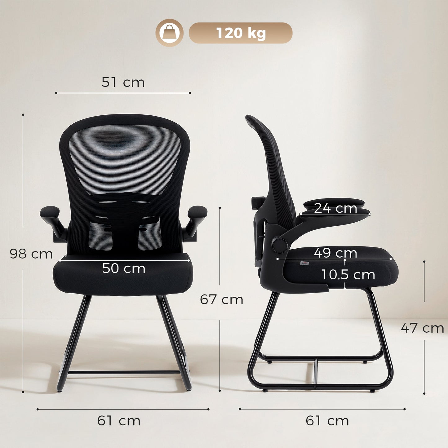 Reception Chair, Conference Meeting Office Chair with Flip-up Armrest, Mesh Backrest, Lumbar Support and Metal Base for Waiting Room Home Office, Black