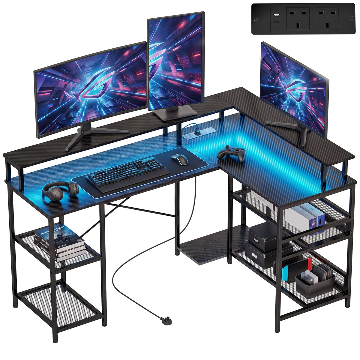 L Shaped Gaming Desk with LED Lights and Power Outlets, 150cm Corner Computer Desk with Monitor Stand and Storage Shelves, Home Office Desk for Small Space, Black Gaming Texture