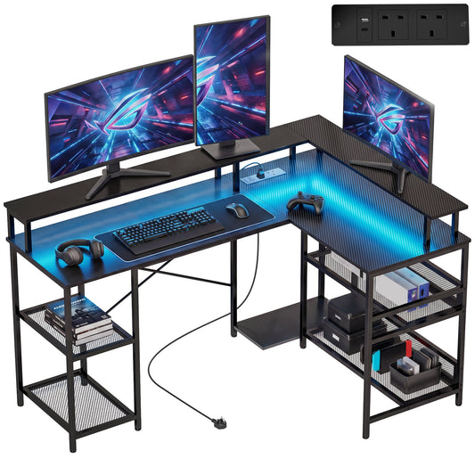 L Shaped Gaming Desk with LED Lights and Power Outlets, 150cm Corner Computer Desk with Monitor Stand and Storage Shelves, Home Office Desk for Small Space, Black Gaming Texture