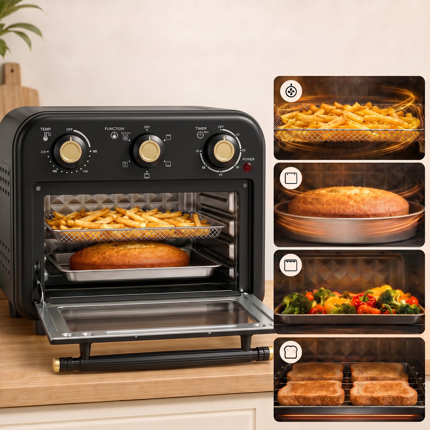 Air Fryer Toaster Oven, 12 L Small Convection Countertop Oven with Knob Controls, Baking Tray and Fry Basket, Adjustable Temperature, Timer, Dishwasher Safe, 1200W, Steel, Black