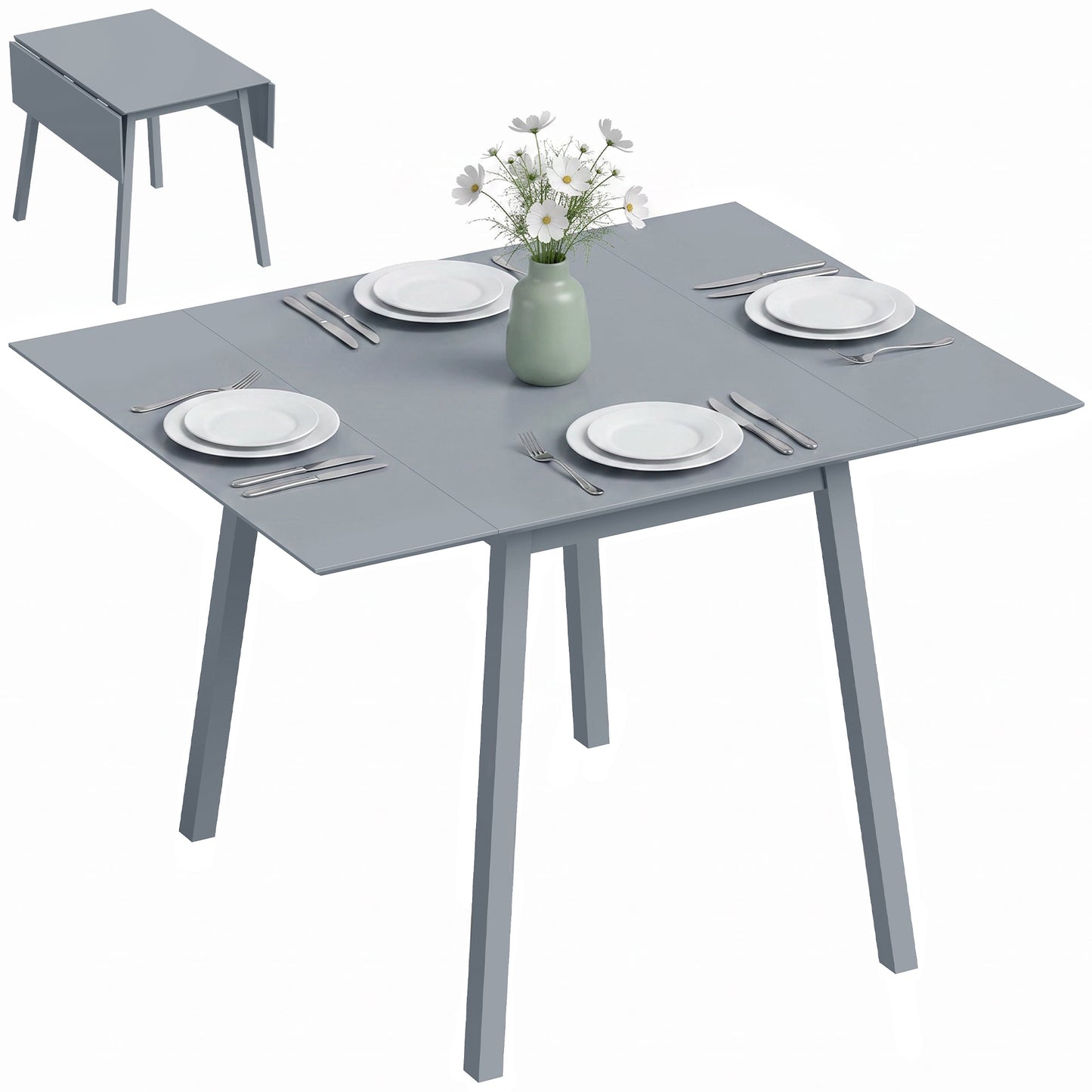 Solid Wood Folding Dining Table, Drop Leaf Table for 2-4 People,  Rectangle Kitchen Table for Small Space, Grey